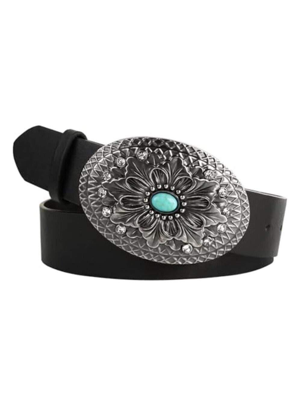 Women Black Western Belt Turquoise Buckle Vegan Leather Cowgirl Belt